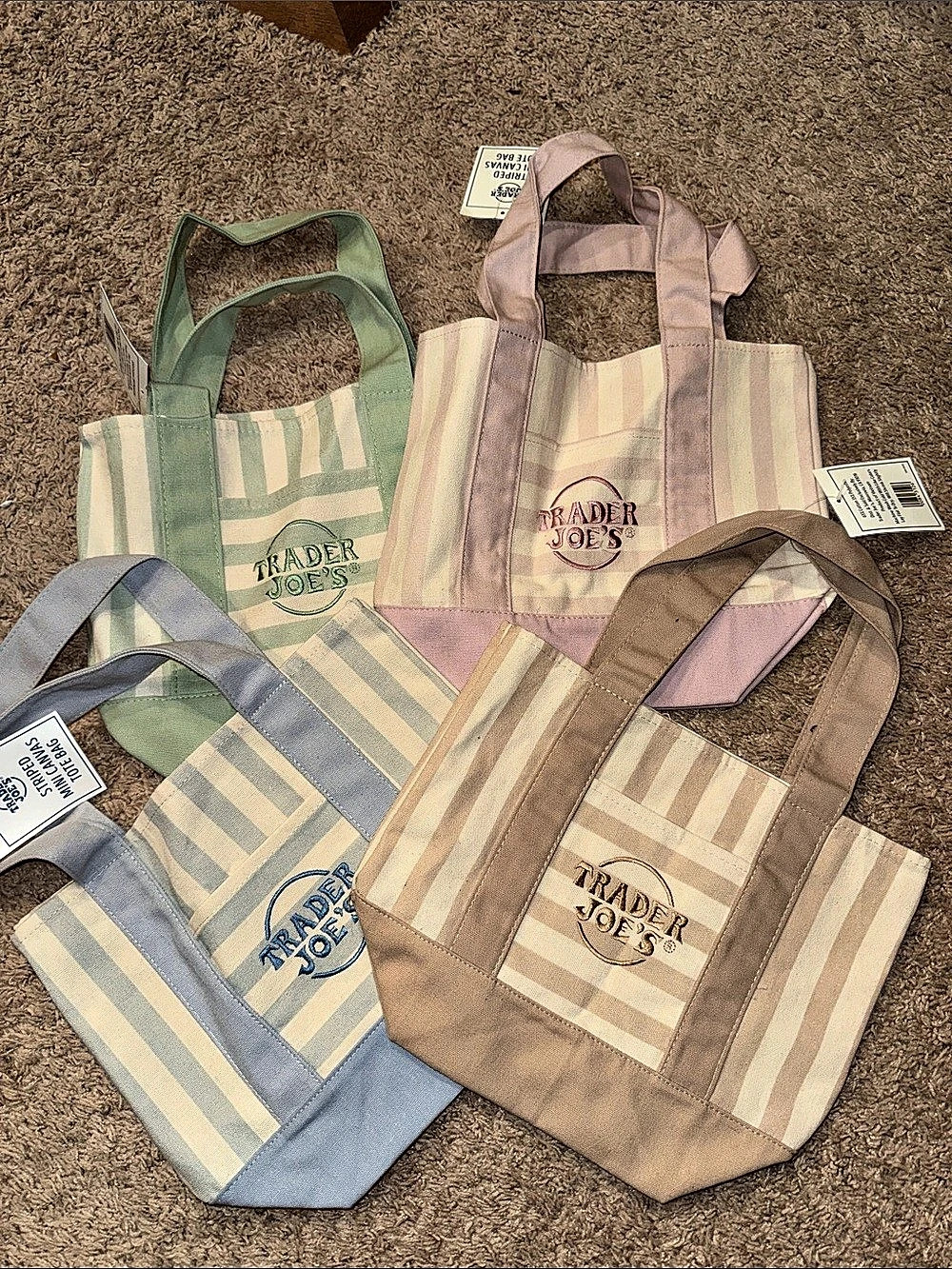Trader Joe's Striped Mini Canvas Tote Bag Set, Green & Pink
